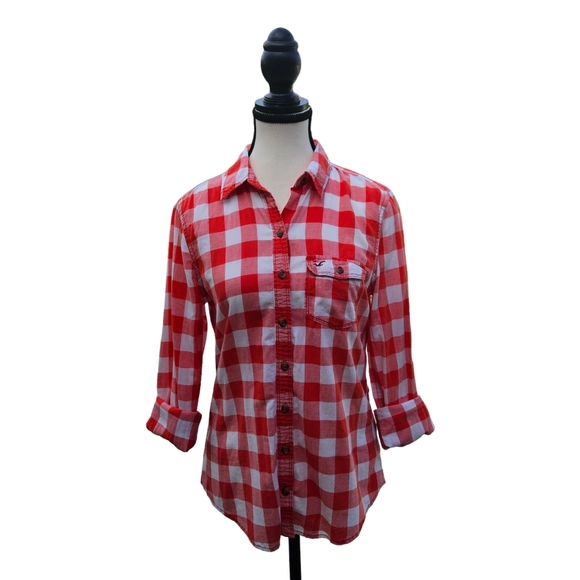 Hollister Women's Red Gingham Button-down Top Medium - Picture 3 of 9